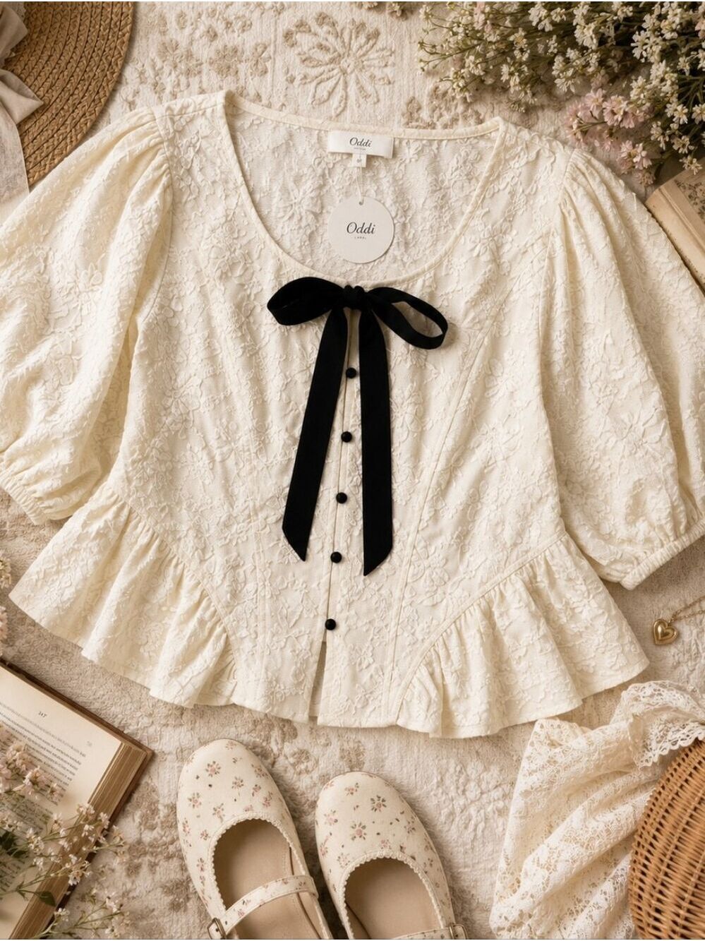 Oddi 3X Ivory Floral Jacquard Peplum Blouse Bow Puff Sleeve Cottagecore NWT - Picture 3 of 11
